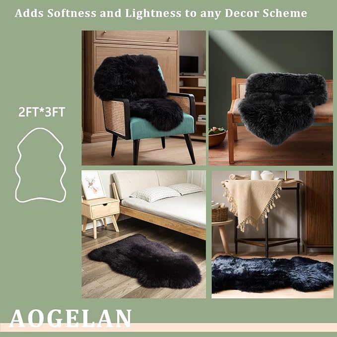 AOGELAN Black Fluffy Fluffy Shaggy Fur Area Rug, Fuzzy Genuine Sheepskin Rug, Soft Fur Pup Carpet, Chair Sofa Seat Cover(Black, Single Pelt/2FT*3FT)