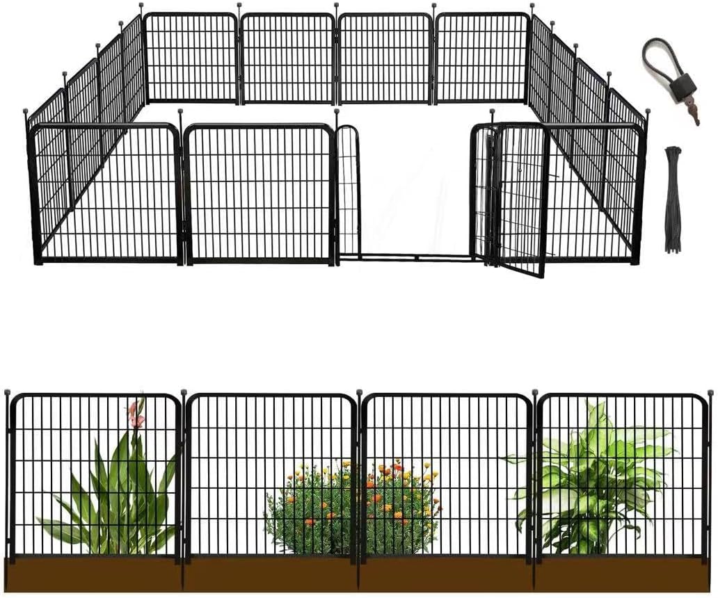 Garden Fences with Gate, 32 in(H)×27 in(L) 16 Panels Total 35.4 Ft(L), Garden Animal Barrier, Fence for Dogs Outside, Heavy Duty Iron Metal Animal Barrier Fence, Flower Bed Fencing