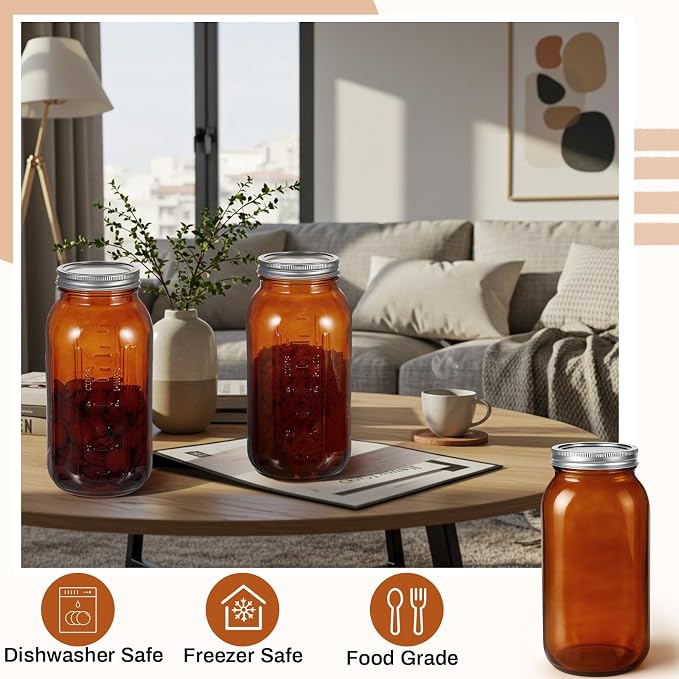 Norme 12 Pcs 64 oz Glass Mason Jars Glass Mason Jars Canning Container Set Embossed Half Gallon Fermenting Container with Airtight Lids for Canning Freezing Preserving Beverages Decor (Amber)