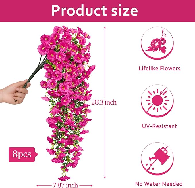 Serwalin Artificial Hanging Flowers for Outdoors Decoration, 8PCS UV Realistic Resistant Fake Silk Artificial Outdoor Plants for Porch Patio Balcony Indoor Planter Garden Yard Decor (Hot Pink,8PCS)
