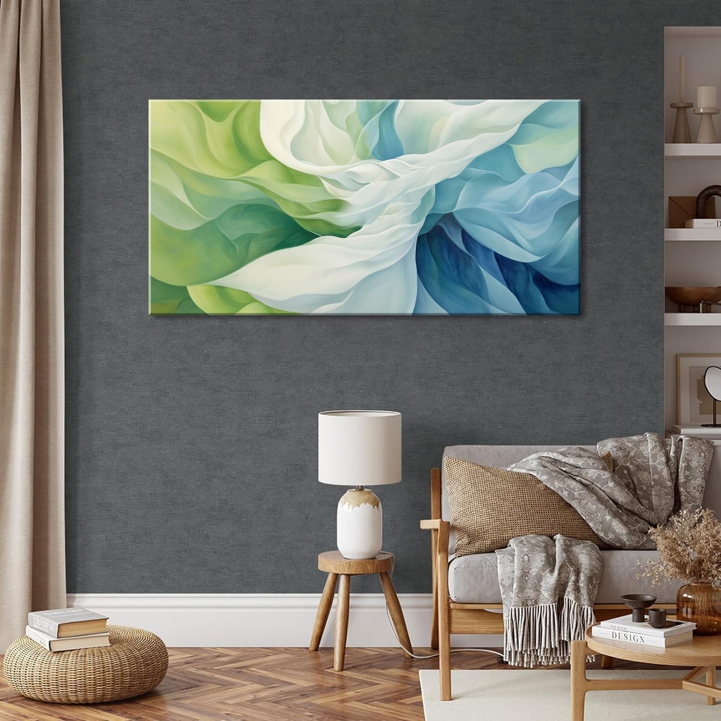 LASMOND Abstract Lines Wall Art for Living Room Canvas Prints Aqua Turquoise Blue Green Artwork Paintings Decor Bedroom Office Girl Woman (40x20 Inches)