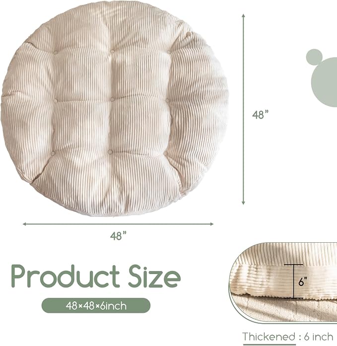 HIGOGOGO Papasan Chair Cushion with Corduroy Cover (Without Chair), 48 x 48 Inch Supportive Cushion, Overstuffed Chair Cushion,Beige