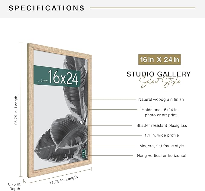 MCS Studio Gallery 16x24 Poster Frame Natural Woodgrain Engineered Wood, Vertical & Horizontal Wall Hanging Large Picture Frame for Photos, Posters & Art Prints (1-Pack)