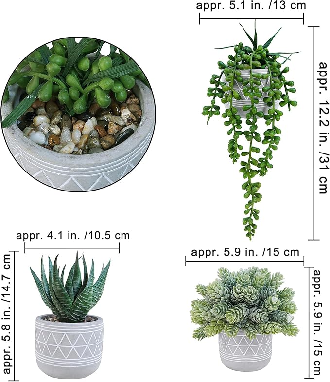 Winlyn Set of 3 Mini Faux Succulent Potted Plants Artificial Aloe Hops String of Pearls Fake Succulents in Gray Geometric Concrete Pots for Home Office Table Shelf Kitchen Living Room Boho Décor