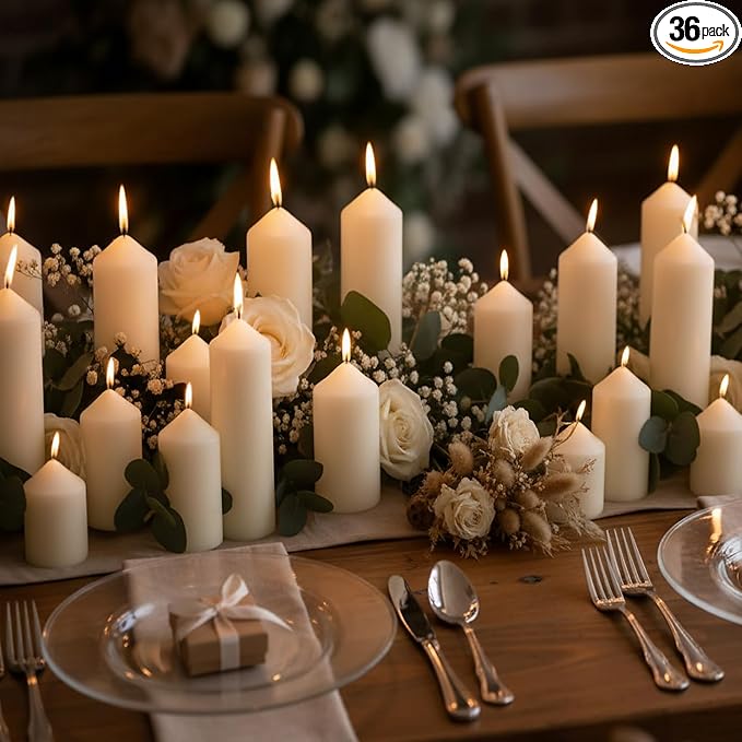 36 Pack Ivory Pillar Candles Bulk Set, 2x3 2x4 2x6 Inch - 12 Each Size, Dripless Smokeless Clean Burning for Wedding Centerpieces, Home Decor, Church, Romantic Ambiance！