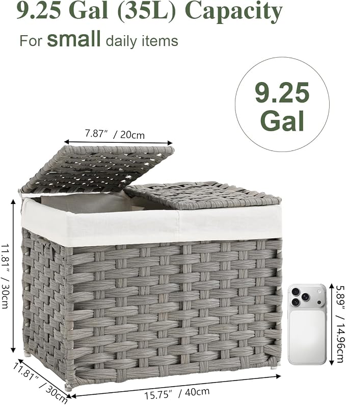 SETVSON Storage Basket with Lid Woven Wicker Baskets with 2 Separate Lid, 9.2 Gallon (35 L) Wicker Storage Bins with Handles, Foldable and 2 Removable Liner Bags for Bedroom, Laundry Room Gray
