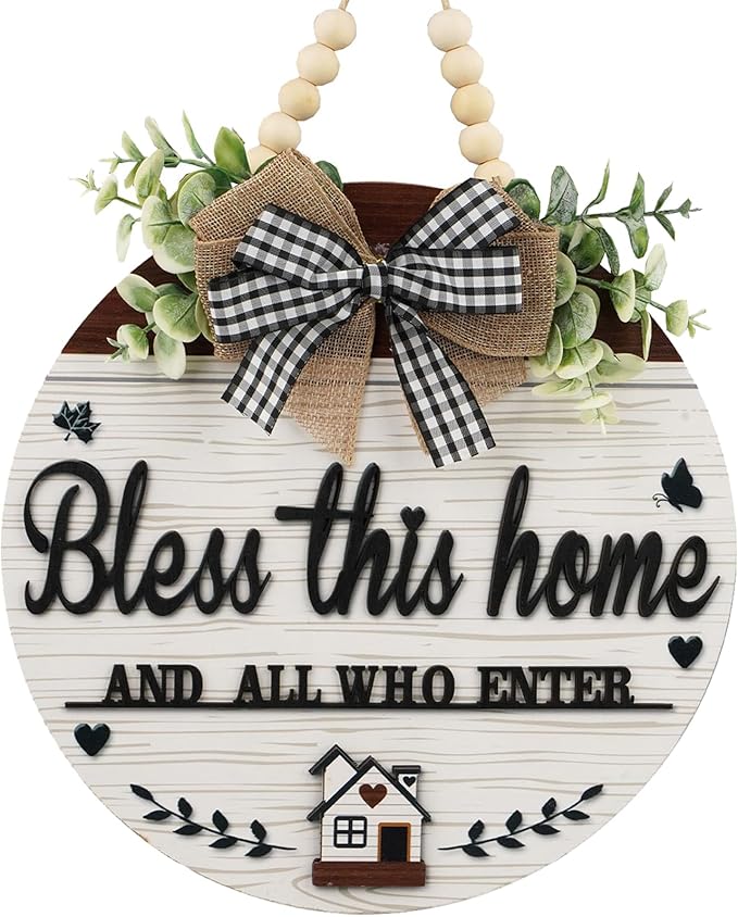 3D Bless This Home And All Who Enter Wooden front Door Signs，Door Decorations Hanging,Christian Jesus Home Porch Wall Decor，Spring Wreaths，Door Wreaths for Front Door Outside All Season