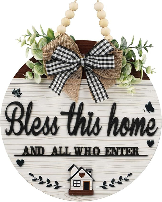 3D Bless This Home And All Who Enter Wooden front Door Signs，Door Decorations Hanging,Christian Jesus Home Porch Wall Decor，Spring Wreaths，Door Wreaths for Front Door Outside All Season