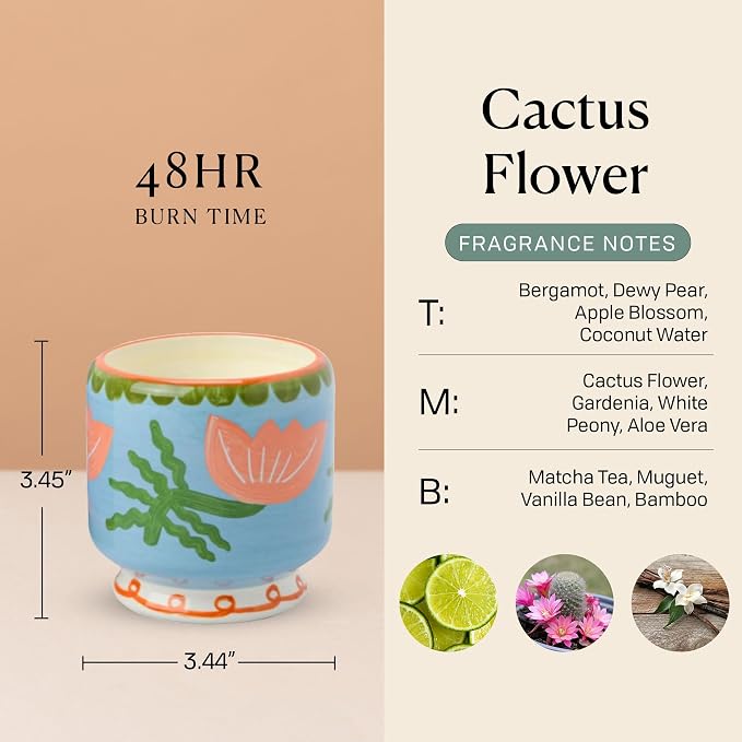 Paddywax Scented Candles Dopo Hand-Painted Ceramic Luxury Artisan Candle, 8-Ounce, Flower - Cactus Flower