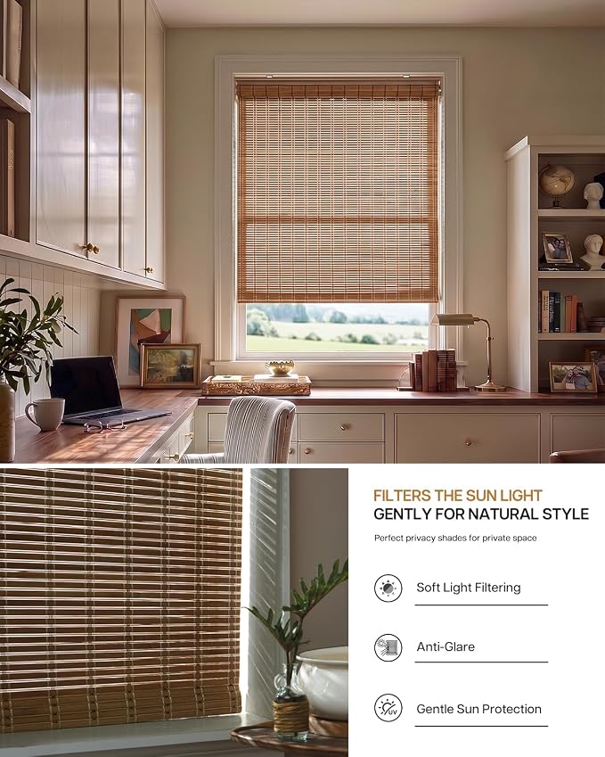 LazBlinds Cordless Bamboo Roller Shades, 44" W x 70" H, Brown206 | Natural Light Filtering Bamboo Window Blinds, Bamboo Roll Up Shades for Bedroom Living Room Office Indoor
