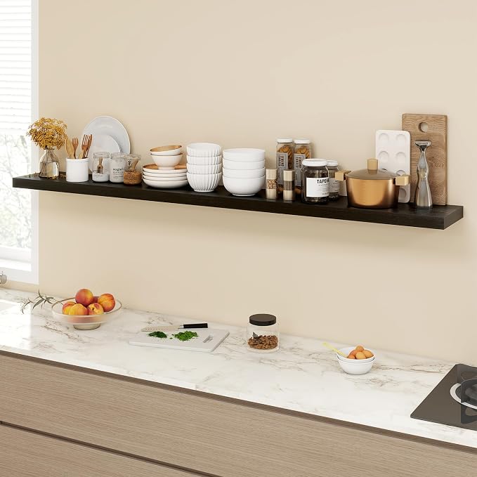 Acovy 72 Inch Floating Shelves, 9.3" Deep Floating Shelf Wall Mounted, 72" Wall Shelves, Rustic Deep Bookshelf, Large Display Shelves & Storage Shelves for Bedroom, Living Room, Black, Set of 1