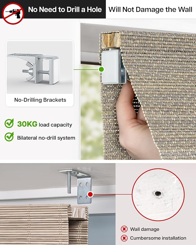 LazBlinds No Drill Cordless Bamboo Roman Shades, Light Filtering Blinds for Indoor Windows, Roll Up Bamboo Blinds for Home, 43" W x 64" H, Star-Grey