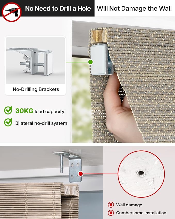 LazBlinds No Drill Cordless Bamboo Roman Shades, Light Filtering Blinds for Indoor Windows, Roll Up Bamboo Blinds for Home, 48" W x 64" H, Star-Grey