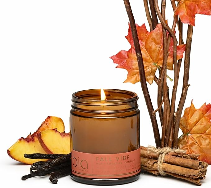 Bia Candle Co Fall Vibe Soy Candle, Spiced Peach Apple Cinnamon Scent, Vanilla Sandalwood Autumn Fragrance, High Fragrance Load, Lead-Free Wick, Reusable Glass Jar, 7 oz