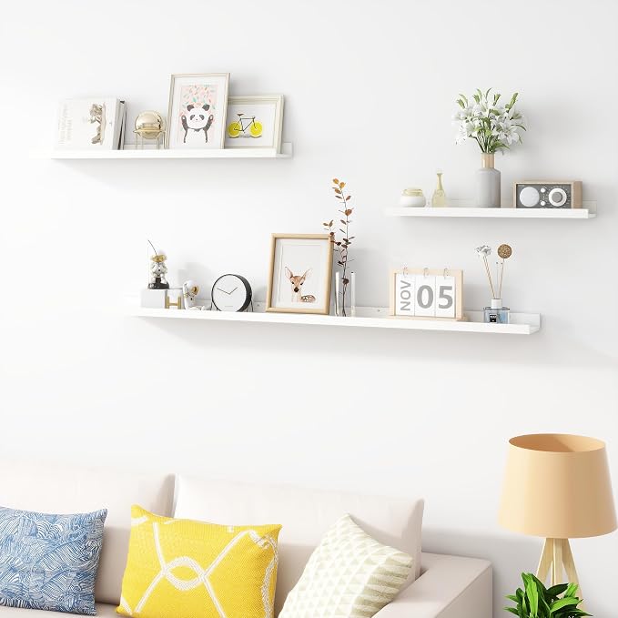 Acovy 24 inch Picture Ledge Shelf, Wood Floating Shelves Set of 4, White | Wall Mounted, For Living Room Kids' Room Bedroom, Photo Ledge Nursery Book Shelves