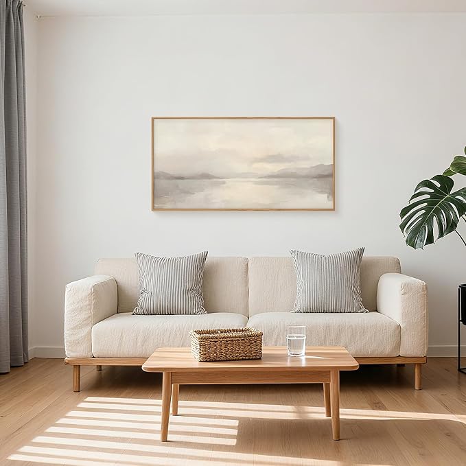 LHIUEM Large Abstract Neutral Beige Pastel Framed Canvas Wall Art,Modern Watercolor Lakes Wall Decor,Nature Mountain Minimalist Artwork for Living Room,Bedroom,Dining Room,Office -20"x40"x1