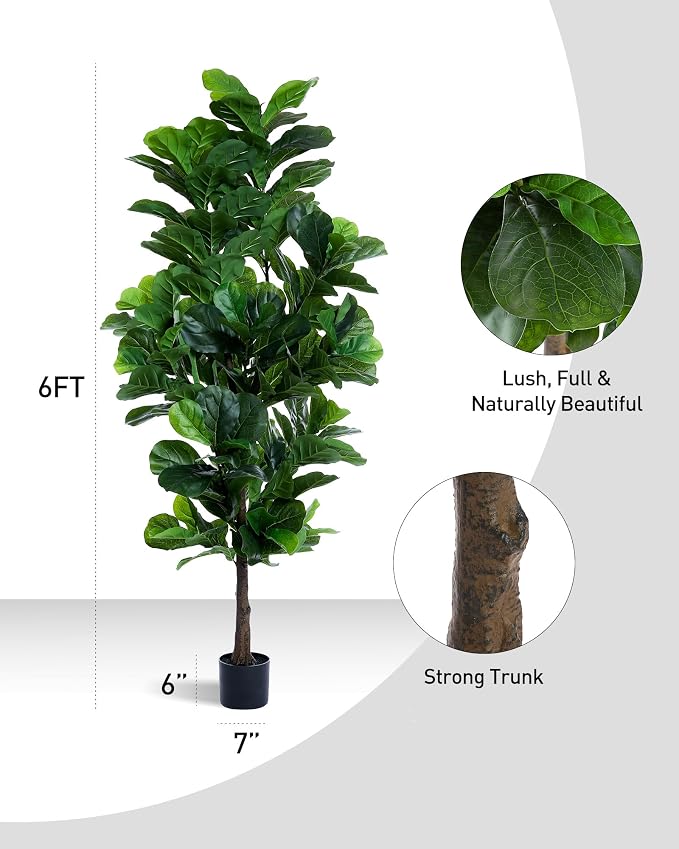 FLOWORLD Fiddle Leaf Fig Tree 6ft Tall Artificial Tree in Plastic Pot Fake Ficus Lyrata Plants with 184 Decorative Fiddle Leaves Faux Fig Trees for Home Office Living Room Decor Indoor Outdoor