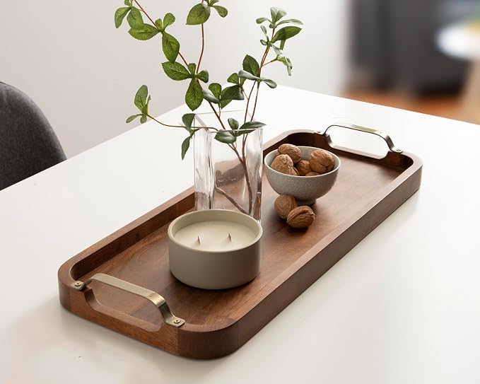 Kate and Laurel Farson Modern Decorative Wood Rectangle Tray with Handles; 10 x 24; Walnut Brown and Antique Brass; Transitional Rectangular Tray for Use as Entryway Tray Decor or Ottoman Serving Tray