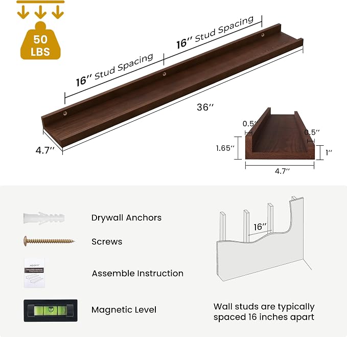 Acovy Solid Ash Wood Picture Ledge Shelf, 36 Inch, Walnut, Set of 2 | Floating Shelves with Lip, Photo Ledge Shelf, Wall Mounted, For Nursery Bookshelf