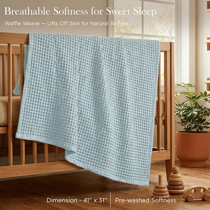 Threadmill Cooling Waffle Baby Blanket |Made from Rayon Derived from Bamboo|Breathable Swaddle Blankets for Newborns| 41 x 37 Inches|Ultra-Soft Baby Wrap for Boys & Girls|Registry Essential|Light Blue