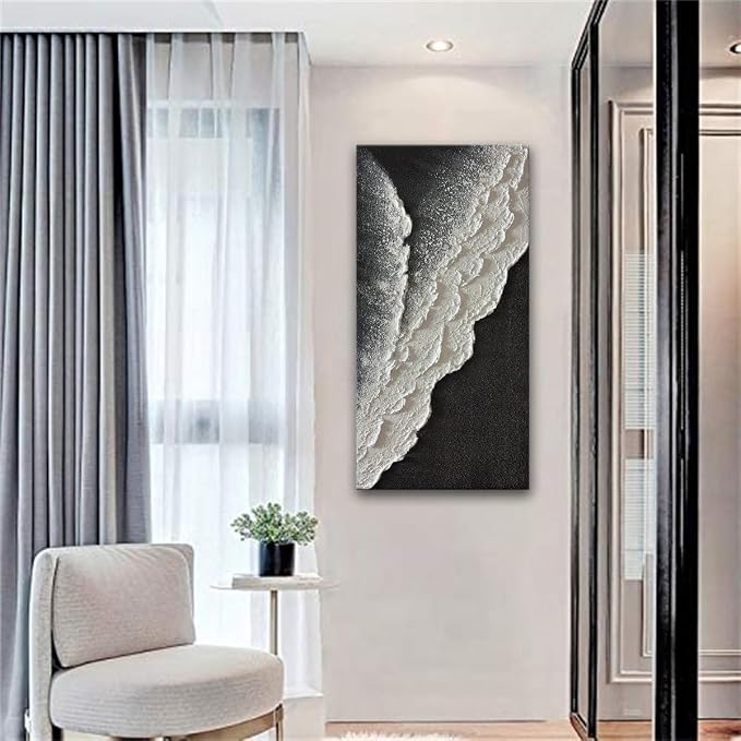 zoinart Hand Painted Black and White Textured Ocean Wave Wall Art 48x24 Inches Abstract Oil Paintings on Canvas Modern Beach Art for Living Room Bedroom Wall Decor