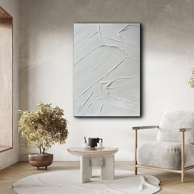 Creespi White Textured Wall Art - Hand Painted Abstract Oil Painting 28x40 inch,Contemporary Minimalist Art Painting for Wall Decor