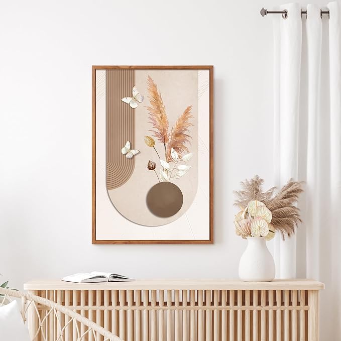 CHDITB Boho Neutral Framed Canvas Wall Art, Minimalist Line Art Woman Artwork, Pampas Grass Botanical Wall Decor, Beige Brown Painting, Abstract Geometric Art Prints for Living Room Bedroom 24"x36"x3