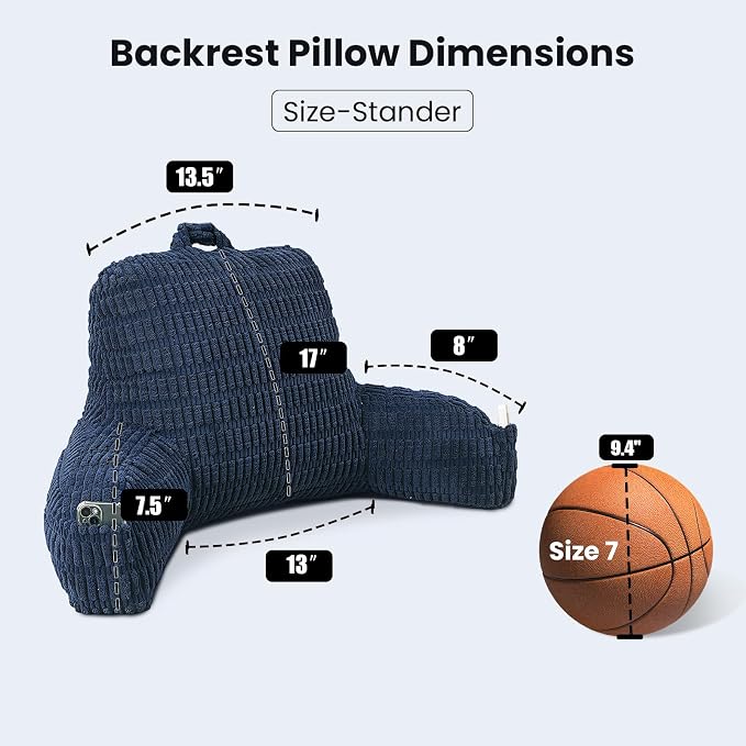 Reading Pillow for Sitting in Bed with Arm,Blue Corduroy,M | Sitting Pillow for Teens Back Support,17" Backrest Pillow Supports Reading,Gaming & Relaxing in Bed,Couch,Floor