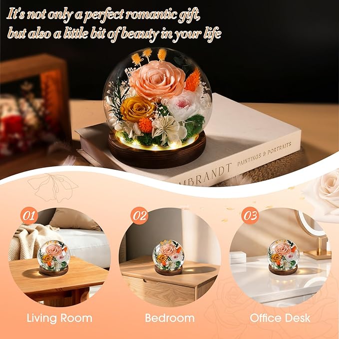 FIACO Gifts for Mom Birthday Gifts for Women Preserved Flowers in Glass Dome Long-Lasting Eternal Fresh Roses Mothers Day for Her Grandma Wife Daughter Girlfriend Forever Flowers for Delivery Prime