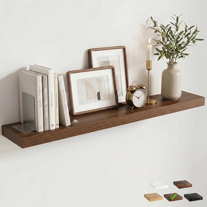48 Inch Floating Shelves for Wall, 8"D Wood Storage Shelves, Walnut Finish | Engineered Wood, Invisible Bracket, Large Storage, Easy Install, Hold Up to 77lbs, Living Room, Bathroom, Bedroom, Kitchen