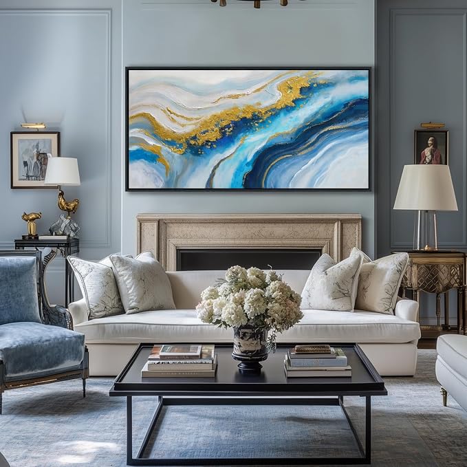 Blue Modern Gold Wall Art for Living Room - Abstract Canvas Wall Art, Office Wall Decor, Above Bed Wall Decor, Large Pictures for Bedroom Framed Artwork for Walls 24×48IN