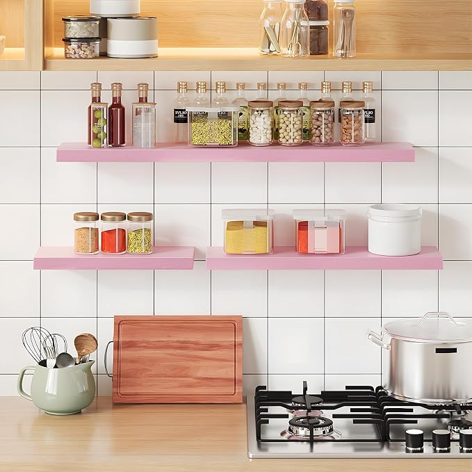 SAUMONIERES Floating Wall Shelves for Bedroom Bathroom Wall Mounted Solid Wood Shelf 24 Inch Set of 3, Pink Floating Shelves