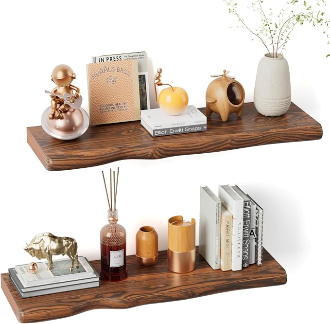 Solid Wood Live Edge Floating Shelves Set of 2 – 24" Rustic Wall Shelf with Hidden Bracket System, Wall Mounted Shelves for Bathroom, Kitchen, Living Room, Bedroom (Classic Walnut)