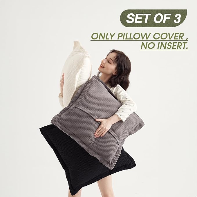 COCO TOP Pack of 3 Vintage Soft Throw Pillow Covers 20x20inch, Boho Striped Corduroy Neutral Pillow Covers for Modern Farmhouse Home Decor Cozy Living Room Bedroom Loung(Classic Black, White & Grey)