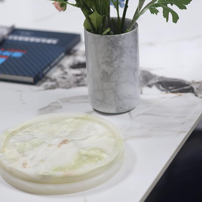 Natural Marble Vanity Tray, Round, 8.3 Inch, Green Jade | Anti-Slip Pads, For Bathroom, Jewelry & Perfume Display, Coffee Table Decor