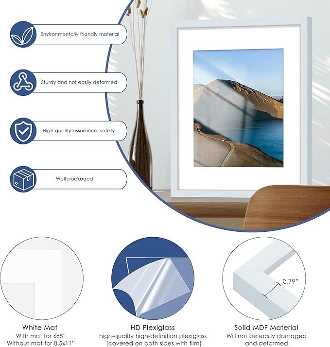 PEALSN 11x14 Picture Frame Set of 6, Display Pictures 8x10 with Mat or 11x14 without Mat for Wall Mounting or Table Top Display, Photo Frames Collage for Wall Decor, Blue