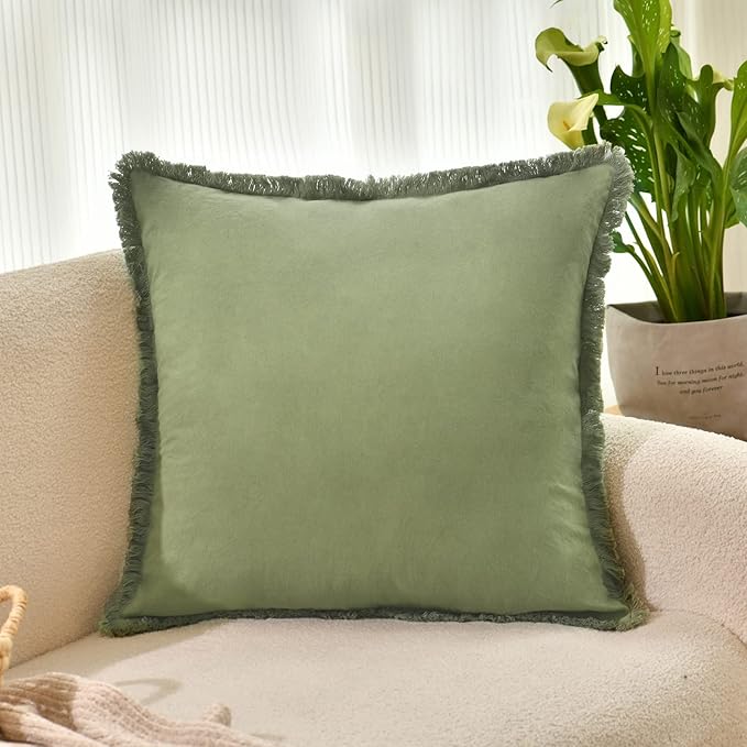 ZWJD Pillow Covers 20x20 Set of 2 Olive Green Throw Pillow Covers with Fringe Chic Cotton Decorative Pillows Square Cushion Covers for Sofa Couch Bed Living Room Farmhouse Boho Decor