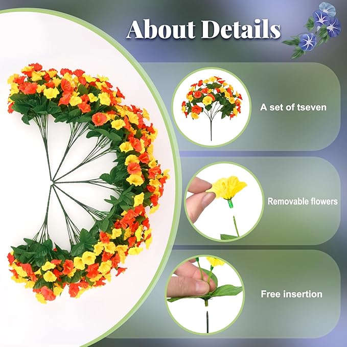 Ammyoo Artificial Hanging Flowers with Basket, Faux Silk Petunias Flower Arrangement, Coconut Lining with Morning Glories Fake Plants Patio Garden Porch Deck Fall Decor(Orange Yellow)