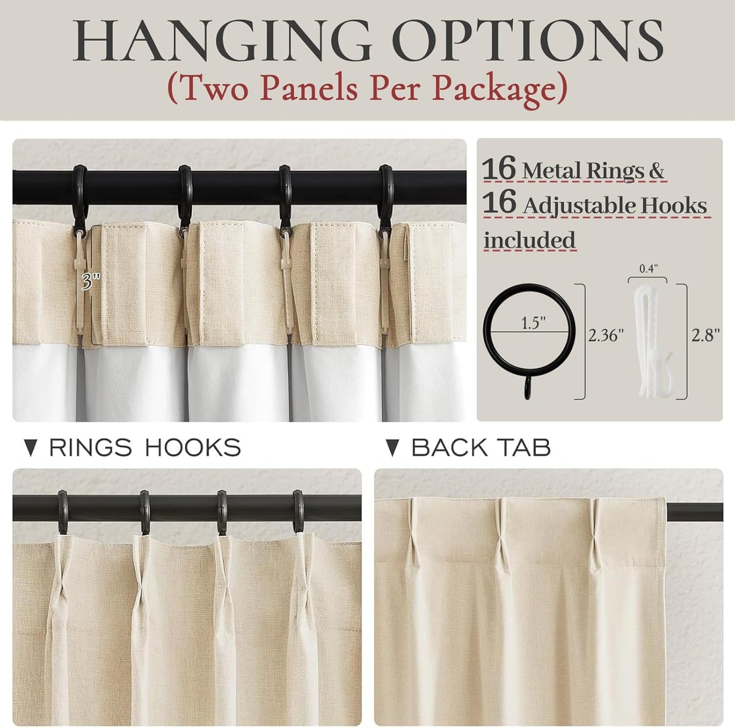 Pinch Pleated Linen Curtains with Hooks and Rings Blackout Curtains 102 Inches Long Custom 8-1/2ft Tall Privacy Window Treatments Beige Wheat Oatmeal Aesthetic Drapes for Bedroom 2 Panels Burg