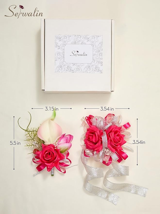 Serwalin Hot Pink Prom Corsage and Boutonniere Set, Artificial Calla Lily & Rose Wrist Corsage Wristlet for Homecoming, Formal Dance, Wedding Flowers Accessories Party Suit Decorations