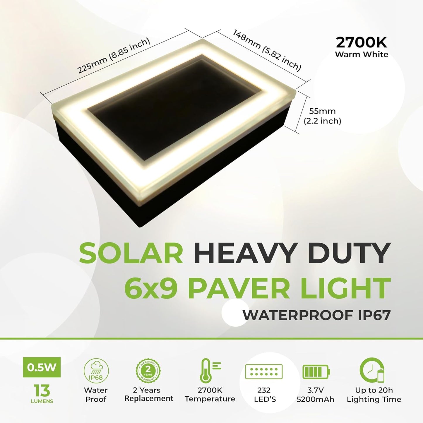 LUMENGY Solar Paver Light 6×9 inch, 2700K, Up to 20 Hours Continuous Lighting, Stainless Steel, Thick Glass, Glare-Free Illumination for Driveways, Pathways & Garden, Waterproof & Drive-Over Rated