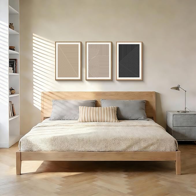 HPNIUB Abstract Neutral Framed Wall Art Set,Mid Century Modern Wall Decor,Boho Geometric Line Art Print,Beige Minimalist Textured Artwork for Living Room, Bedroom,Office-16''x24''x3