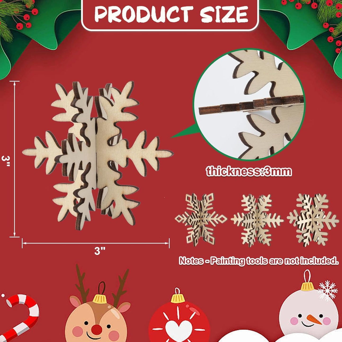 COCHIE DIY 3D Snowflake Wood Crafts to Paint for Kids Adults, Paintable Unfinished Wooden Slices for Craft, Winter Snowflakes Cutouts Ornaments for Painting Decorations (24 PCS)