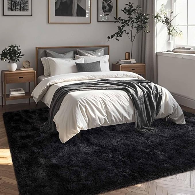 FinRèc 5x7 Feet Black Rugs for Bedroom Living Room, Fluffy Shaggy Area Rug, Non-Slip Soft Shag Rug for Nursery Kids Room Dorm Room Home Decor, Indoor Plush Floor Carpet