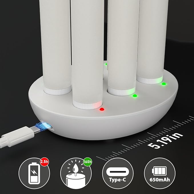 Rechargeable Flameless Taper Candles with Remote, Charging Base, 6 Pcs | 0.78x9.6" white wax LED tapers, 3D flicker, 2.5-hour USB-C charge, up to 160-hour runtime for Home Wedding Christmas Decor