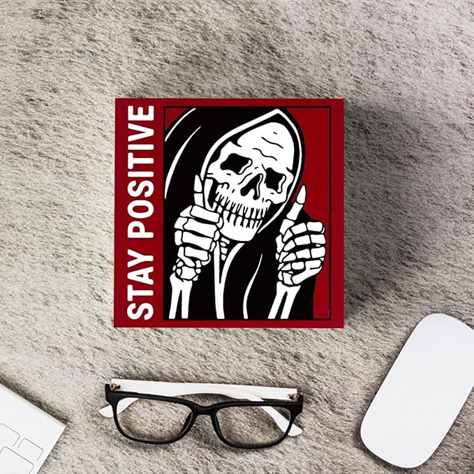 Gothic Skull Decor - Stay Positive Skulls Sign for Home Office Desk Accessories - 5 x 5 Inches (Red)