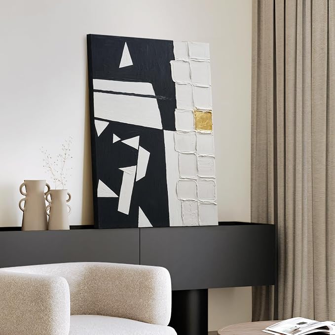 Modern Black & White Abstract 3D Textured Canvas Wall Art with Gold Leaf | Minimalist Geometric Hand-Painted Oil Painting Artwork, Large Original Wall Decor for Living Room Bedroom Office 24x36 Inch