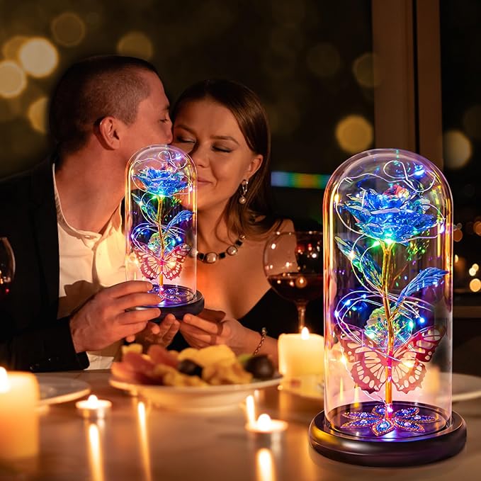 Mothers Day Flowers Gifts for Mom Women Birthday Gift Galaxy Glass Rose Forever Eternal Crystal Flowers Rose in Glass Dome with Butterfly Mother's Day Roses Gifts for Mom Daughter Wife Grandma Blue