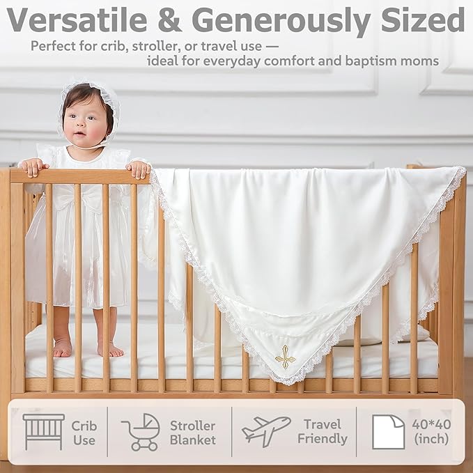 Tencel Baptism & Christening Baby Blanket – Soft Lyocell Heirloom Blanket with Delicate Lace Trim and Gold Cross Embroidery, 39.4×39.4 in, Elegant Religious Keepsake for Boys & Girls