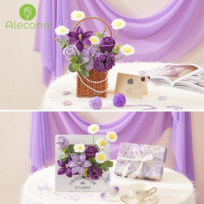 Alecono Crochet Flower Bouquet, Purple Knitted Flowers, Large Knitted Flower for Anniversary Party Christmas Festival Gifts for Her (Include Card)
